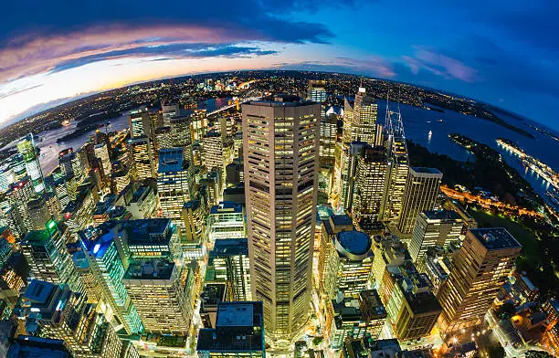 Aerial view of Sydney CBD from at night, fisheye view