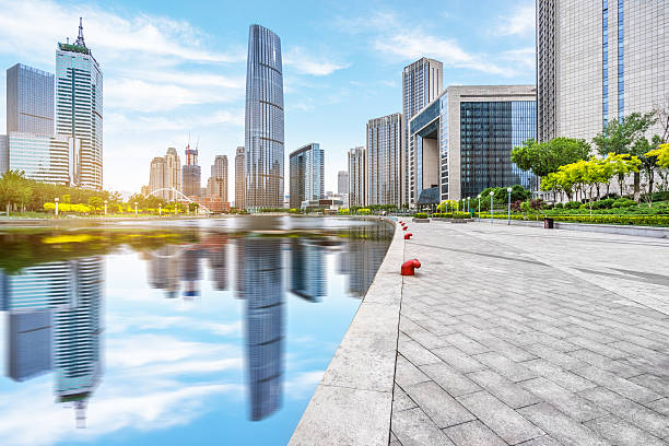 istock empty floor and city skyline under blue sky 586368818