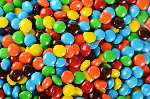 Closeup of pile of colorful chocolate candies