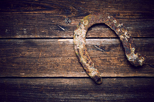 istock Old rusty horseshoe on vintage wooden board 586370632