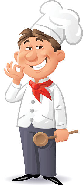 Little Chef Vector illustration of a cute little chef with a wooden spoon and a red scarf, isolated on white. cutlery cartoons stock illustrations