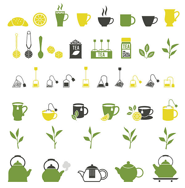 tee-symbole. töpfe gesetzt - green tea illustrations stock-grafiken, -clipart, -cartoons und -symbole