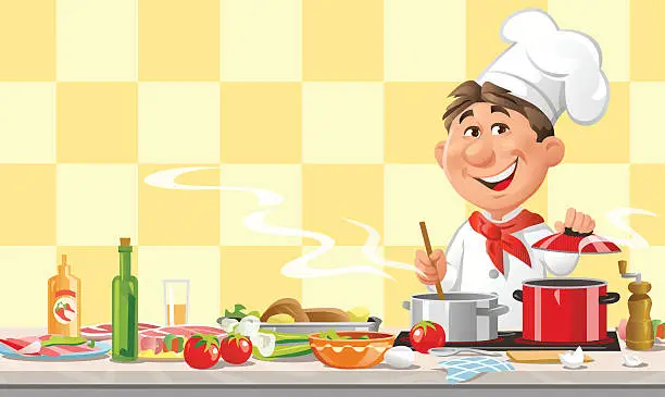 Vector illustration of Chef Cooking In The Kitchen