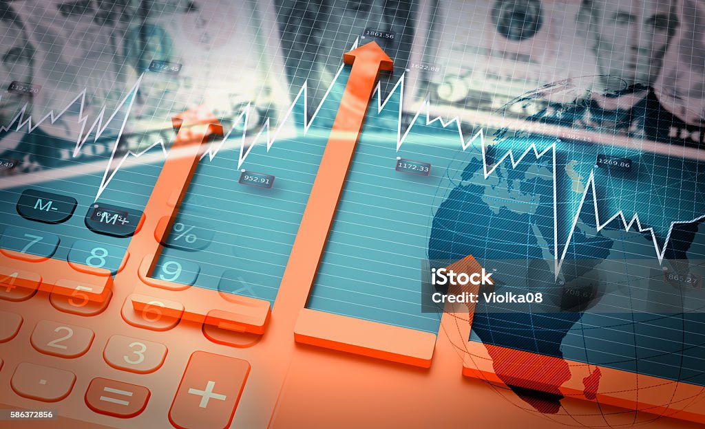 Growing world economy and positive developments 3D Illustration, Financial accounting stock market graphs analysis, growing world economy. Economy Stock Photo