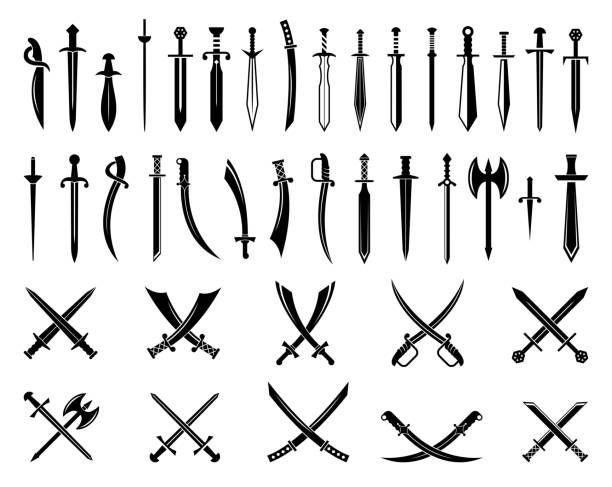 ilustraciones, imágenes clip art, dibujos animados e iconos de stock de conjunto de iconos de espada. vector espadas antiguas signos y pictogramas cruzados - cruzar