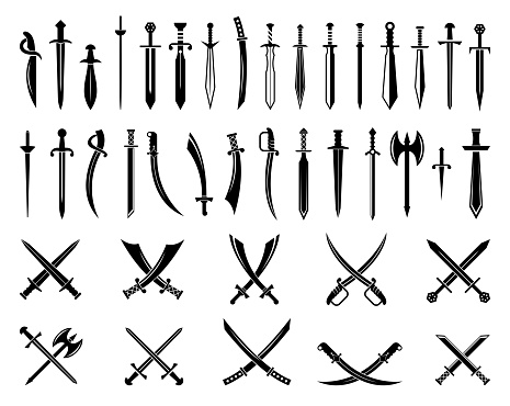 Sword icons set. Ancient crossed swords pictograms. Vector weapon military for battle illustration