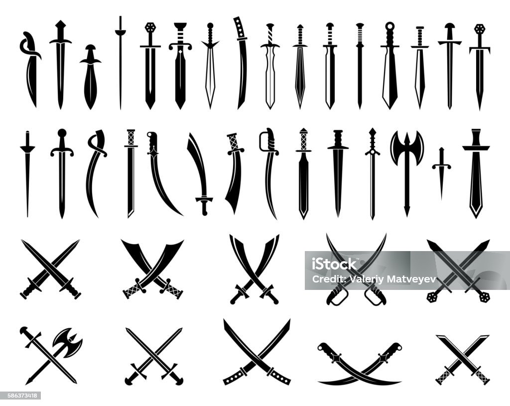 Sword icons set. Vector Ancient swords signs and crossed pictograms Sword icons set. Ancient crossed swords pictograms. Vector weapon military for battle illustration Sword stock vector