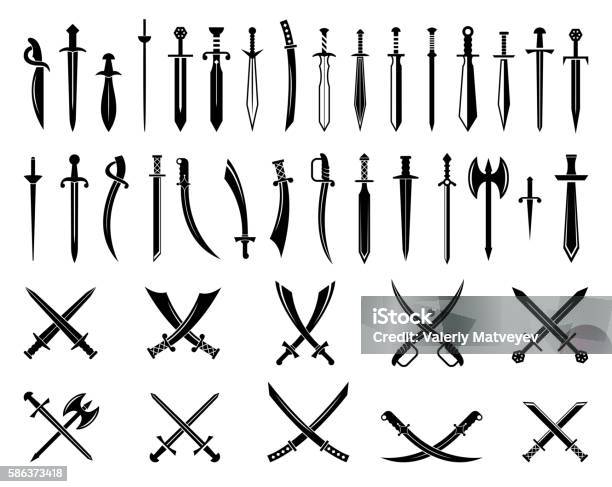Sword Icons Set Vector Ancient Swords Signs And Crossed Pictograms Stock Illustration - Download Image Now