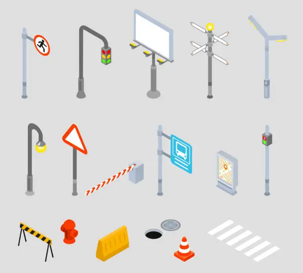Vector illustration of Isometric traffic management. Urban 3D vector icons