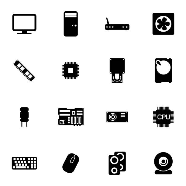 wektor czarny zestaw ikon pc elementów - dvd player computer icon symbol icon set stock illustrations