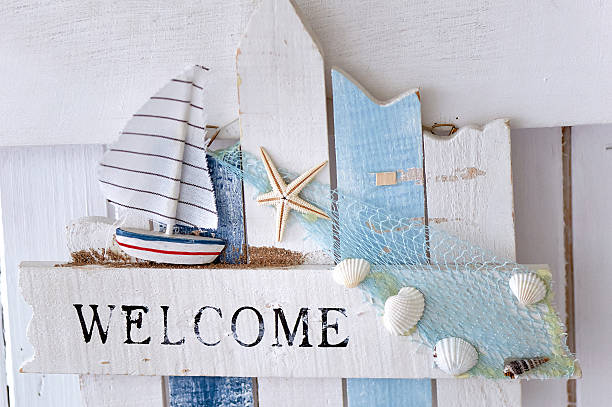 istock sign in  marine style, with the word welcome, and  blue 586375344