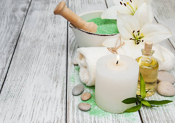istock Spa products with white lilies 586375624