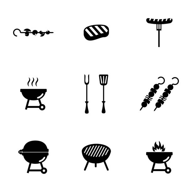 ブラックのバーベキューのアイコンセットベクトル - barbecue grill chef barbecue sausage点のイラスト素材／クリップアート素材／マンガ素材／アイコン素材