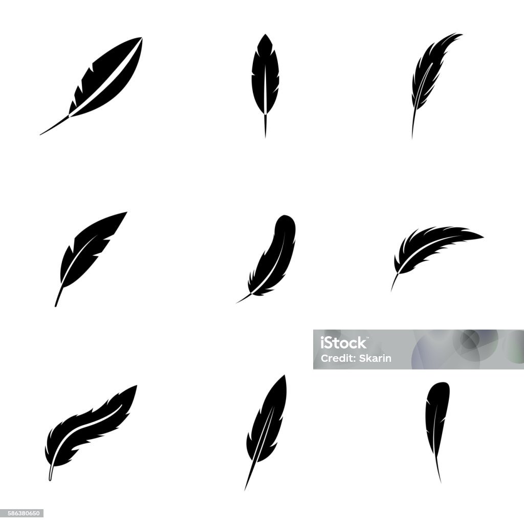 Vector black feather icons set Vector black feather icons set on white background Feather stock vector