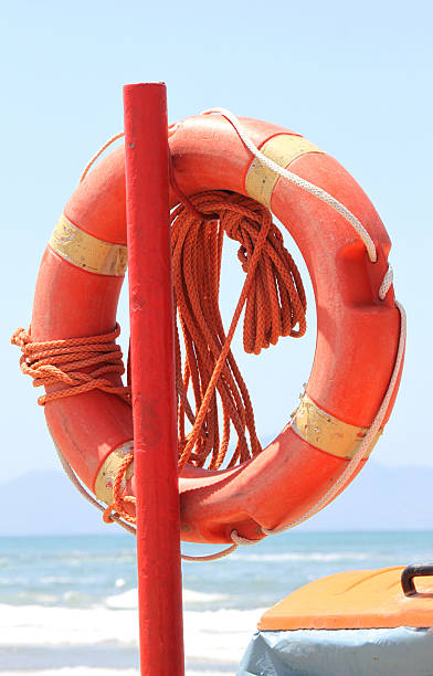 istock lifebuoy to save people on beach on blue sea background 586380962