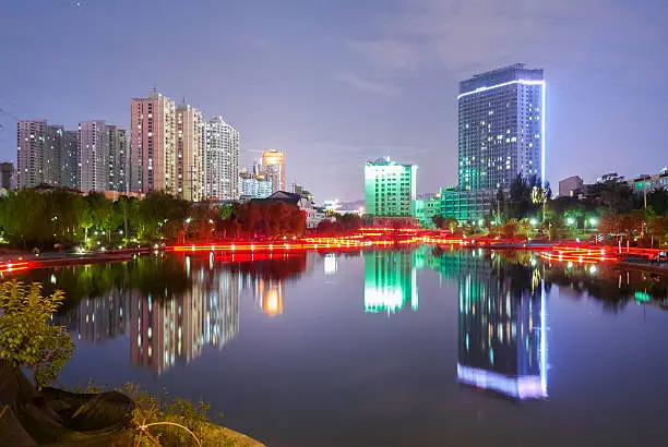 Nocturne view of the lake in the Yantan Park in Lanzhou (China)