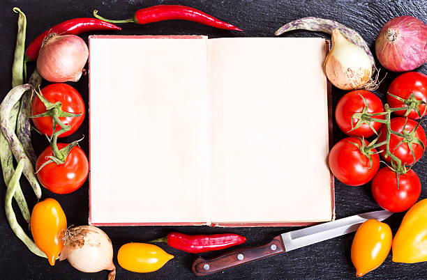 istock Old recipe book with vegetables for cooking 586384532