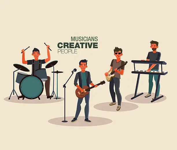 Vector illustration of Music band. Group of young rock musician