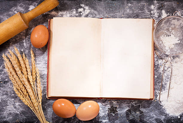istock Old recipe book with ingredients for cooking 586385624