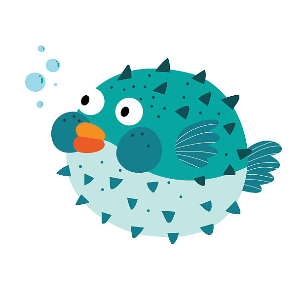 ilustraciones, imágenes clip art, dibujos animados e iconos de stock de ilustración vectorial de personajes de dibujos animados de blowfish azul. - balloon inflating blowing isolated