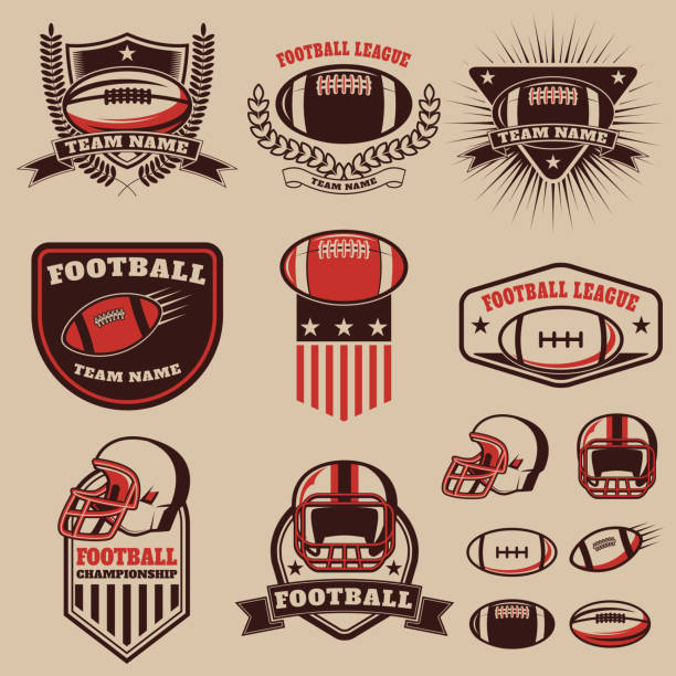 ilustrações, clipart, desenhos animados e ícones de conjunto de futebol americano de rótulos, emblemas e elementos de projeto - football helmet helmet american football sports helmet