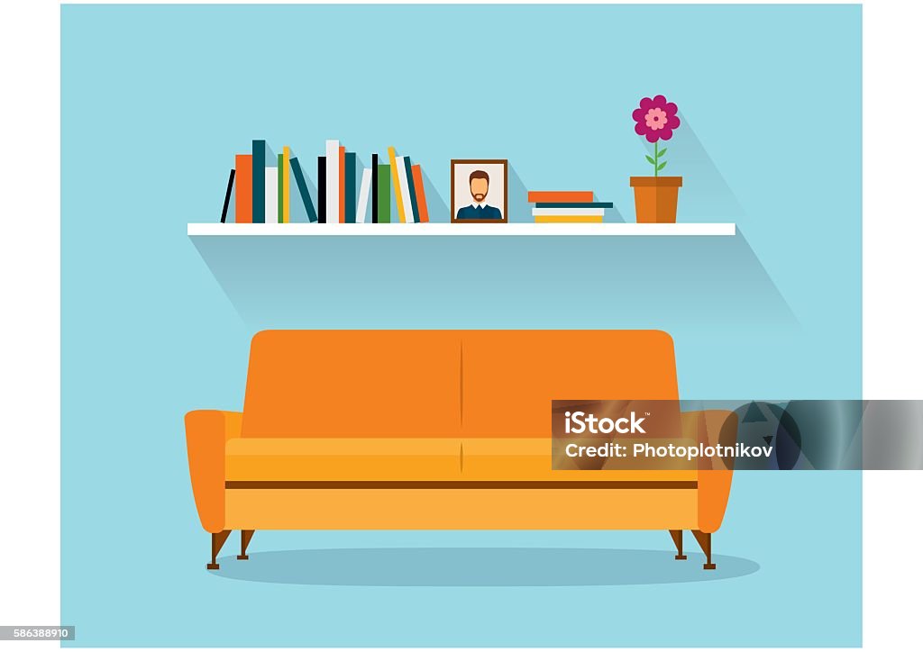 Modern design interior orange sofa and bookshelves. Retro flat style. Sofa and fhelfSofa and fhelf with colorful books. Retro flat style. Modern design interior orange sofa and bookshelves Sofa stock vector