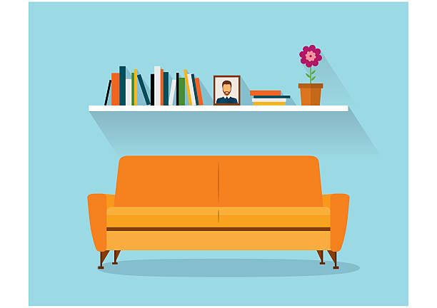 Modern design interior orange sofa and bookshelves. Retro flat style. Sofa and fhelfSofa and fhelf with colorful books. Retro flat style. Modern design interior orange sofa and bookshelves cartoon photos stock illustrations