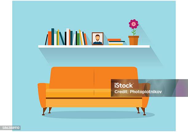 Modern Design Interior Orange Sofa And Bookshelves Retro Flat Style Stock Illustration - Download Image Now