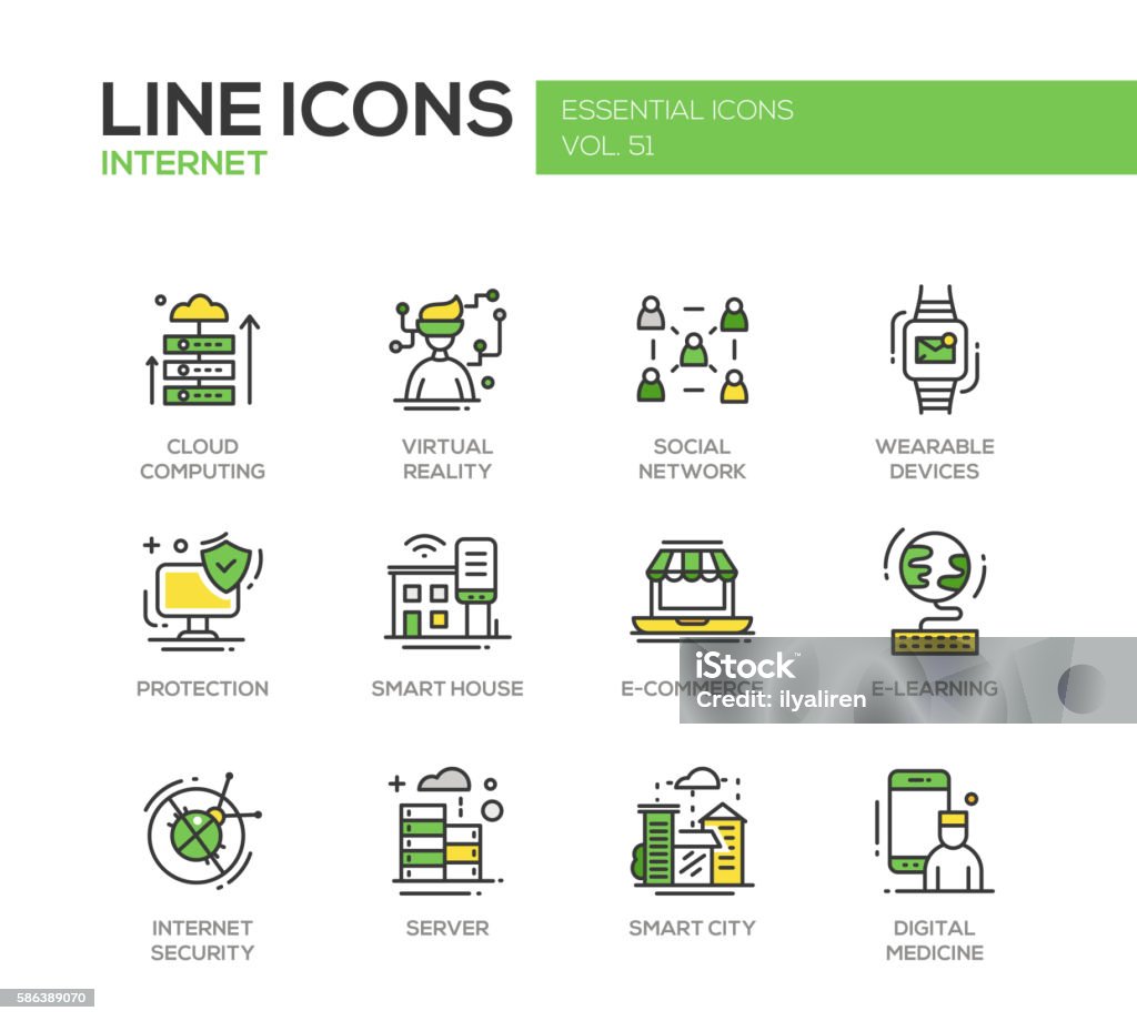 Internet - flat design line icons set Internet - set of modern vector line design icons and pictograms. Cloud computing, virtual reality, social network, wearable devices, protection, smart house, e-commerce, e-learning, security, digital medicine Security stock vector