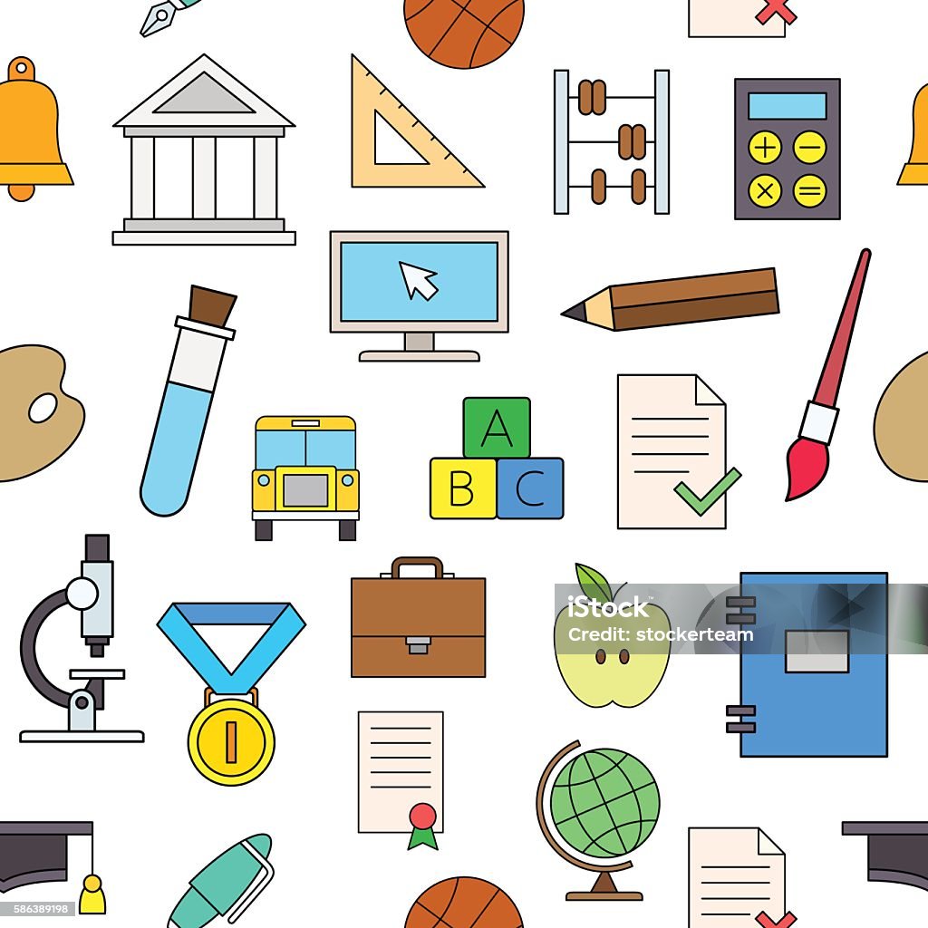 Elementos de educación iconos de patrones coloridos - arte vectorial de Autobús de colegio libre de derechos