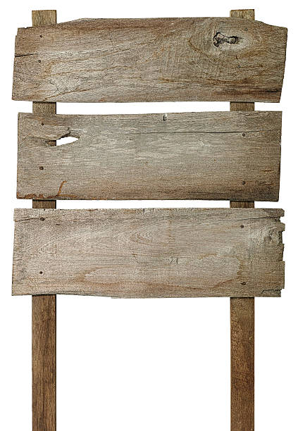 istock Three signs, weathered teak wood nailed to two posts. 586389668