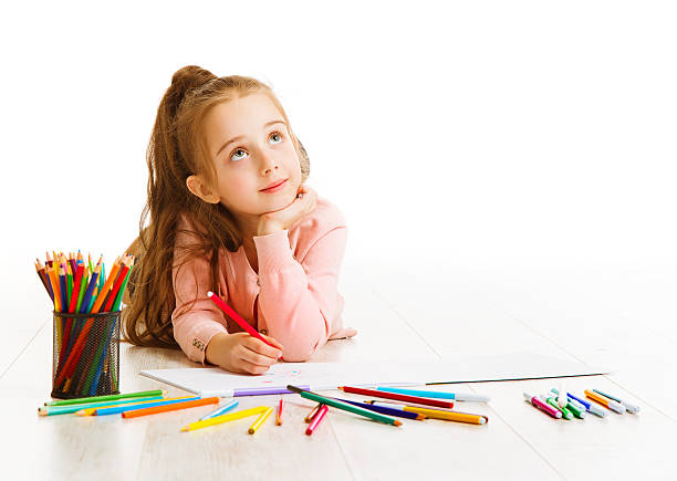 Child Education Concept, Kid Girl Drawing Dreaming School, White Child Education Concept, Kid Girl Drawing and Dreaming School, Lying down on White Background coloring photos stock pictures, royalty-free photos & images