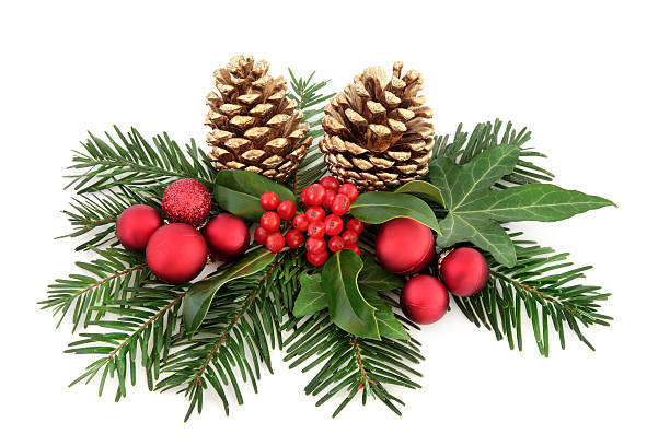 Christmas Decoration Christmas decoration with red baubles, holly, ivy, gold pine cones and winter greenery over white background. picea pungens stock pictures, royalty-free photos & images