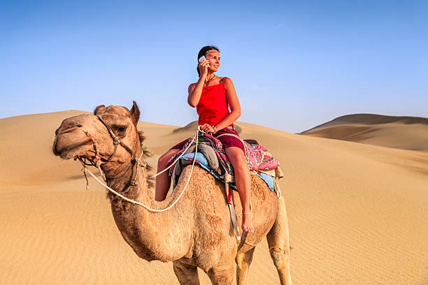 istock Young female tourist using mobile on a camel, Rajasthan, India 586390886