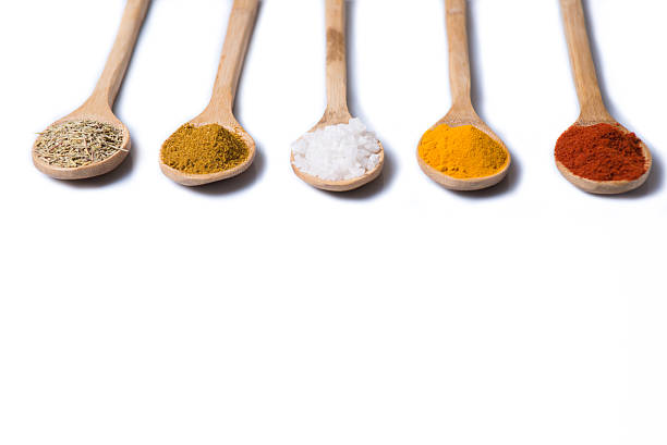 istock Spices in wooden spoons isolated on a white background 586391886