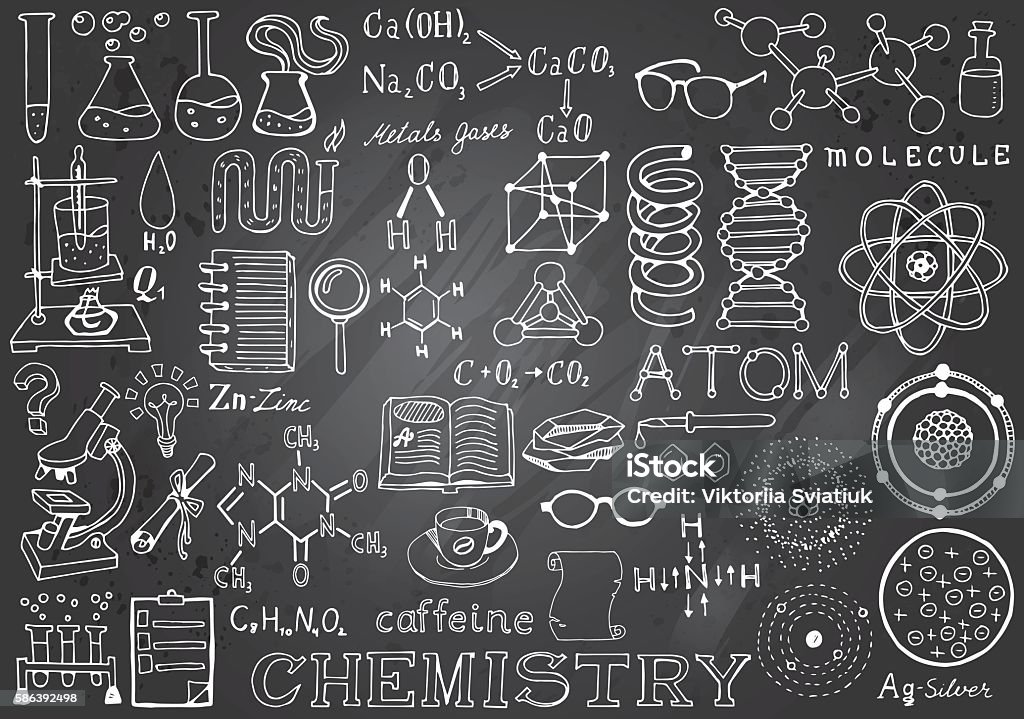 Chemie Wissenschaft Doodle Hand gezeichnete Elemente in grau Tafel Hintergrund. - Lizenzfrei Chemie Vektorgrafik