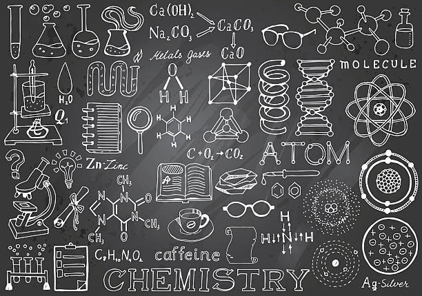 chemie wissenschaft doodle hand gezeichnete elemente in grau tafel hintergrund. - chemieunterricht stock-grafiken, -clipart, -cartoons und -symbole