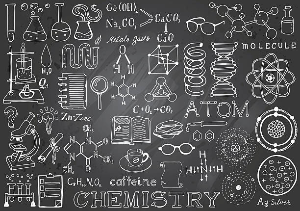 illustrations, cliparts, dessins animés et icônes de chimie science griffonner des éléments dessinés à la main en arrière-plan de tableau gris. - cours de chimie