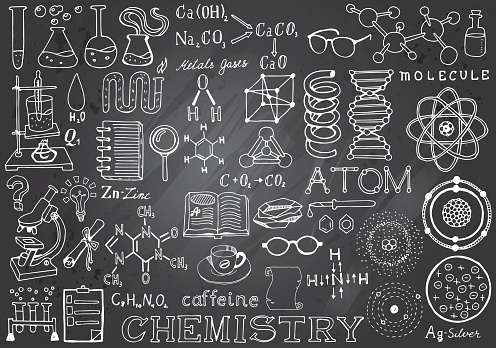 Chemistry Science Doodle Hand Drawn Elements in Gray Chalkboard Background. Science and School Education theme.