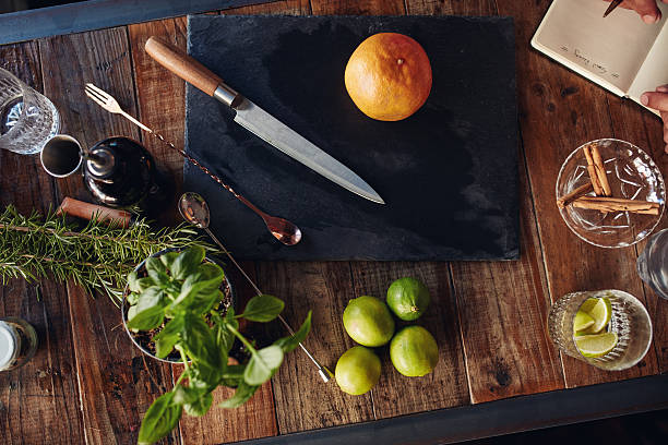 Set of bar accessories and ingredients for making a cocktail