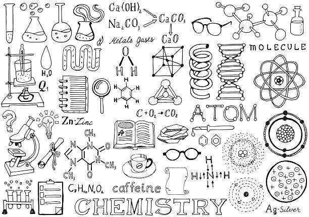 ilustrações, clipart, desenhos animados e ícones de elementos de caligrafia do doodle da ciência química. tema de ciência e educação escolar. - microscope medical exam healthcare and medicine science