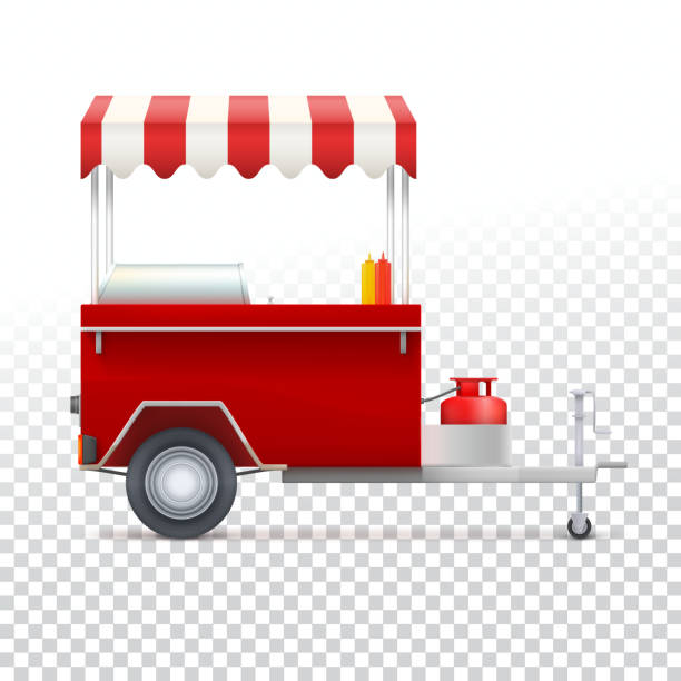 Fast food cart, street shop. Red fast food hot dog cart. Street food market, trolley stand vendor service. Kiosk seller fast food business. Vector icon on transparent background, isolated object hot dog stand stock illustrations