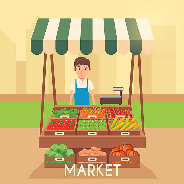 Local stall market. Selling vegetables. Flat vector illustration Farm shop. Local stall market. Selling vegetables. Flat vector illustration. Fresh food Sunblind stock illustrations