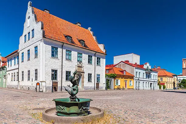 Ancient square with old houses in the city of Kalmar, Sweden