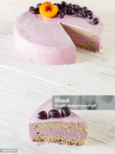 Cut Piece Fruit Cheesecake Decorated With Grapes Stock Photo - Download Image Now - Berry Fruit, Breakfast, Cake
