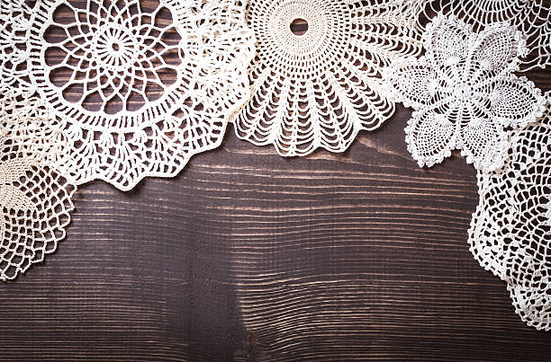 istock Vintage background with white crochet lace 586695014