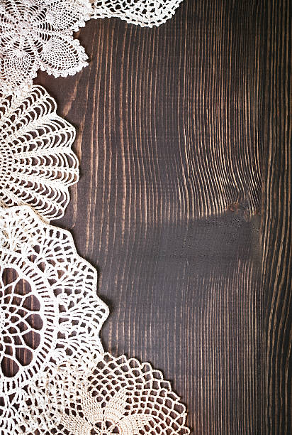 istock Vintage background with white crochet lace 586695092