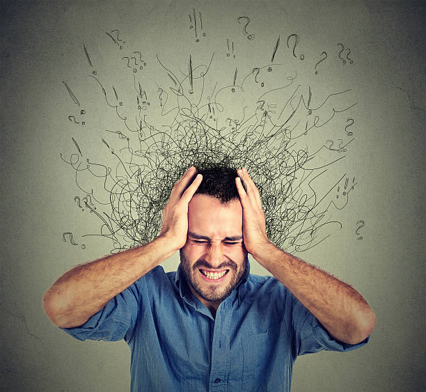 Stressed man has many thoughts brain melting into lines