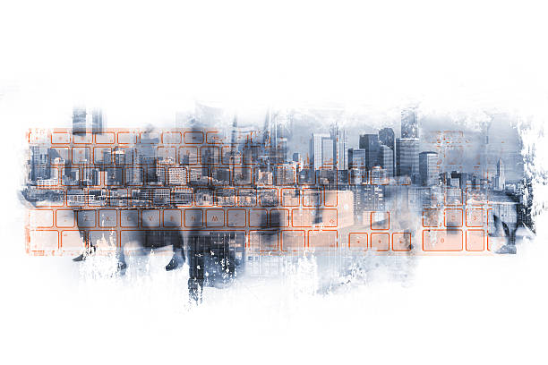 istock Businessman in the double exposure with keyboard and graphs. 586699684