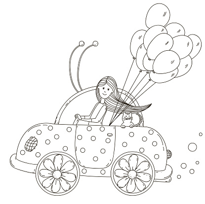 Girl riding a beetle car with cat and balloons. Vector